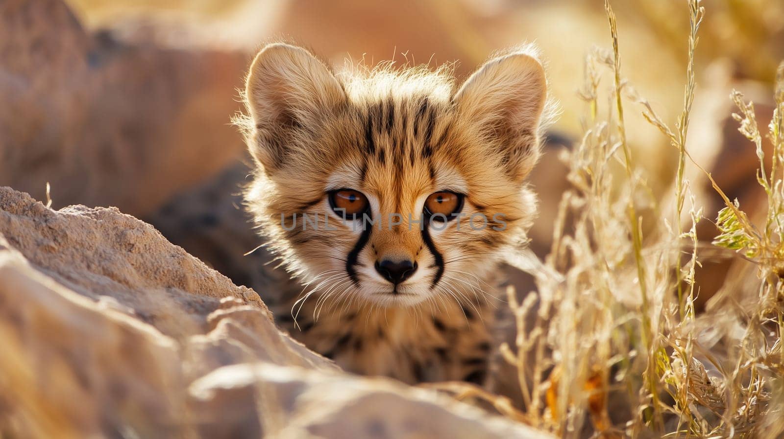 Close-up young cheetah cub peeking from dry grass, eyes wide and curious, golden sunlight