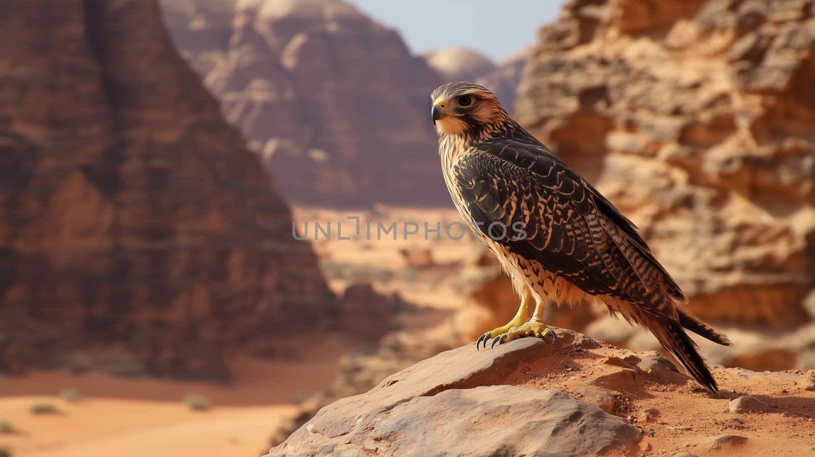 Wild falcon bird resting on sandstone in desert mountain terrain, showcasing natural raptor habitat against rocky background