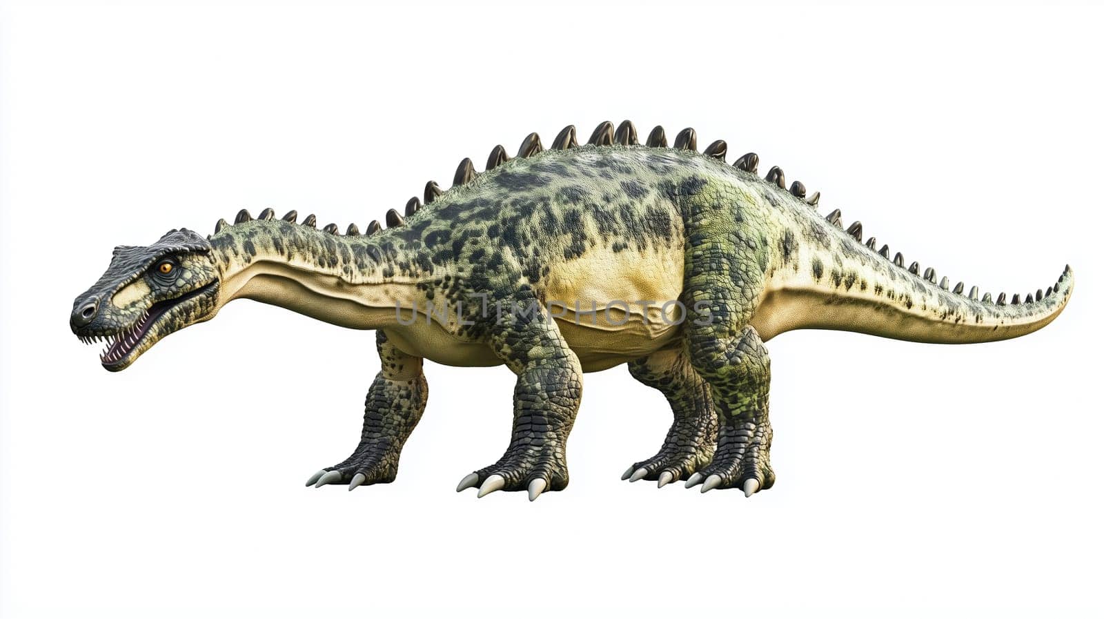 A large dinosaur with rough armor and a long tail stands isolated on a white background