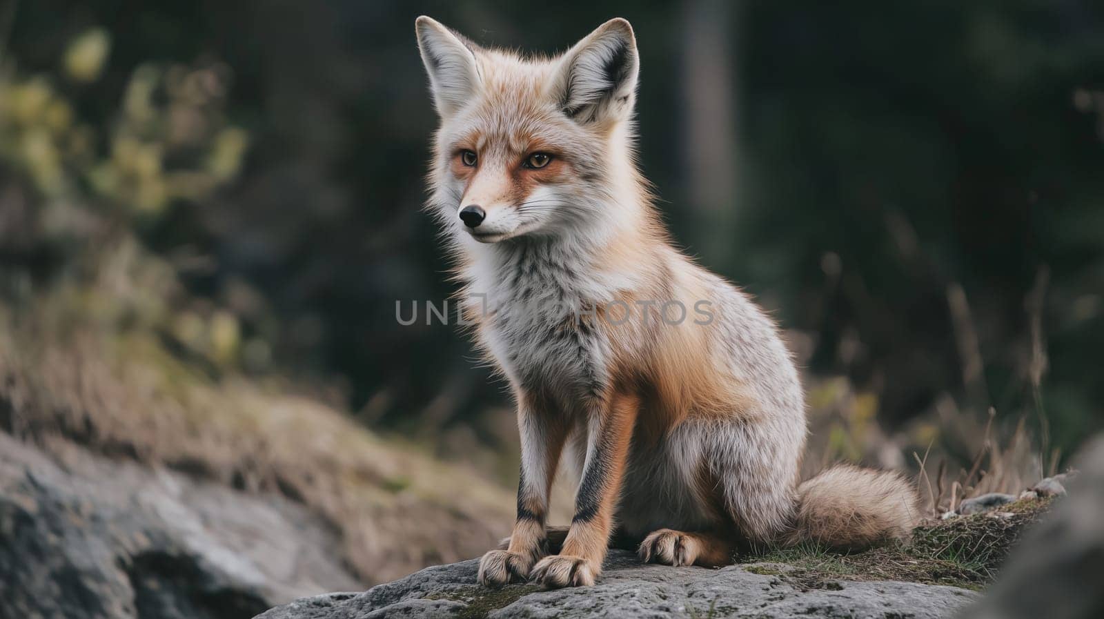 A beautiful red fox sits gracefully on a rock, watching its surroundings