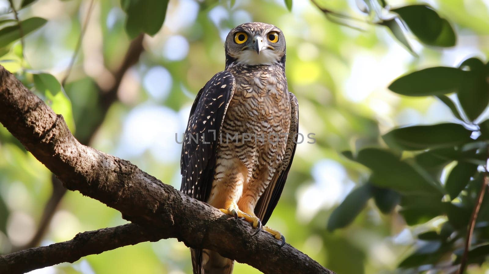 A beautiful brown owl with striking yellow eyes sits on a tree branch, surrounded by green leaves