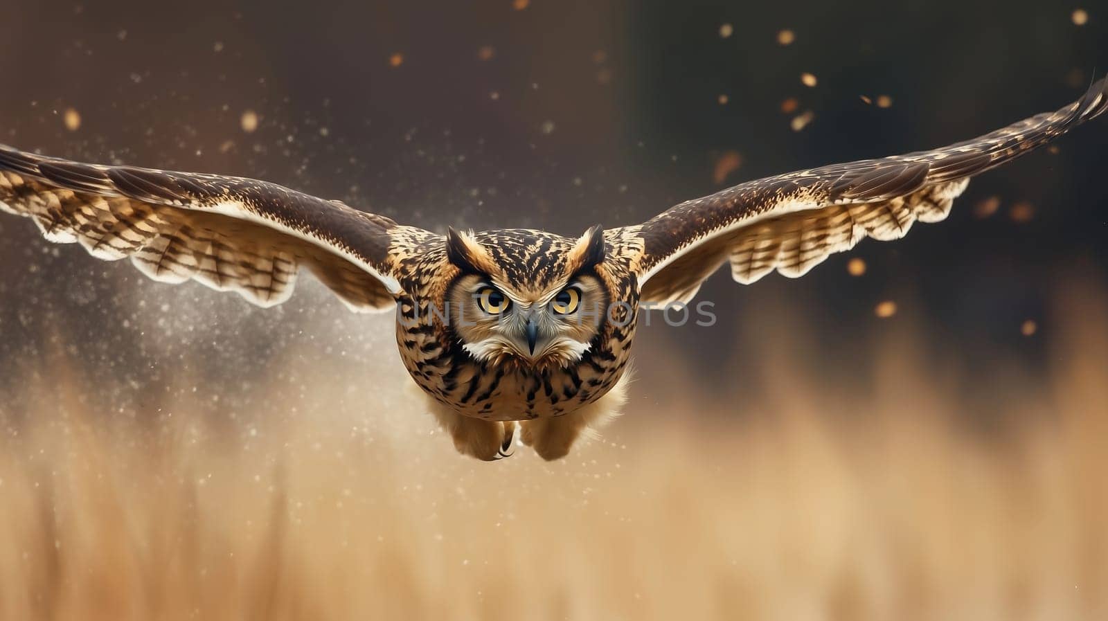 Close-up great horned owl swoops low over a grassy field at dusk, wings outstretched, impressive wingspan, predator in hunting