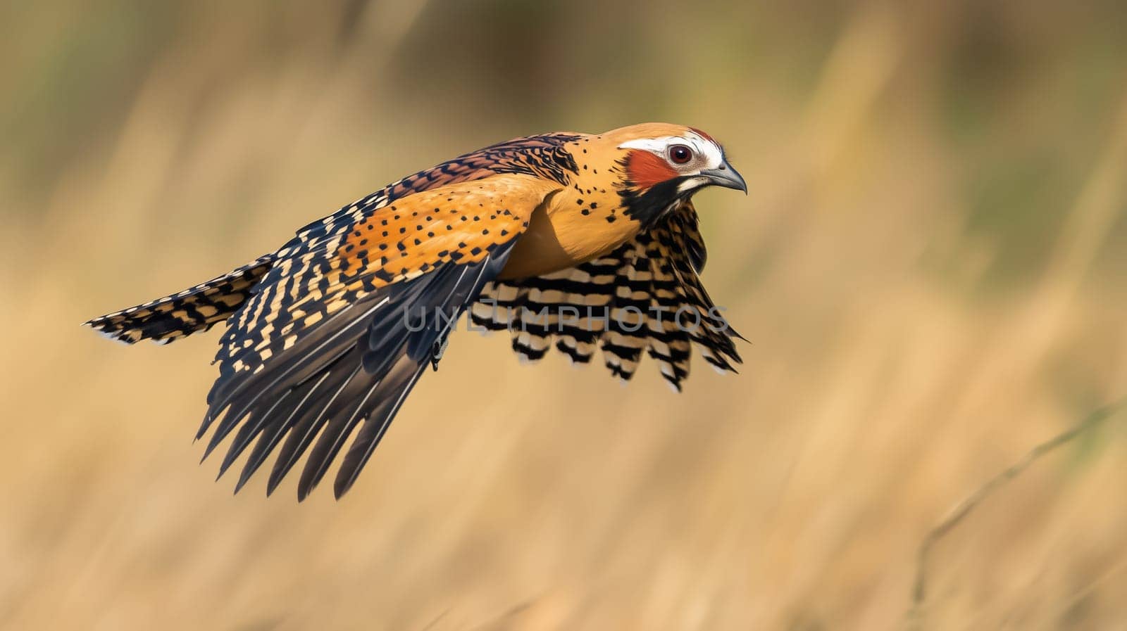 Close-up small bird with intricate patterned wings captured in mid flight against a blurred, golden background. Wings are fully extended, wild animal photography