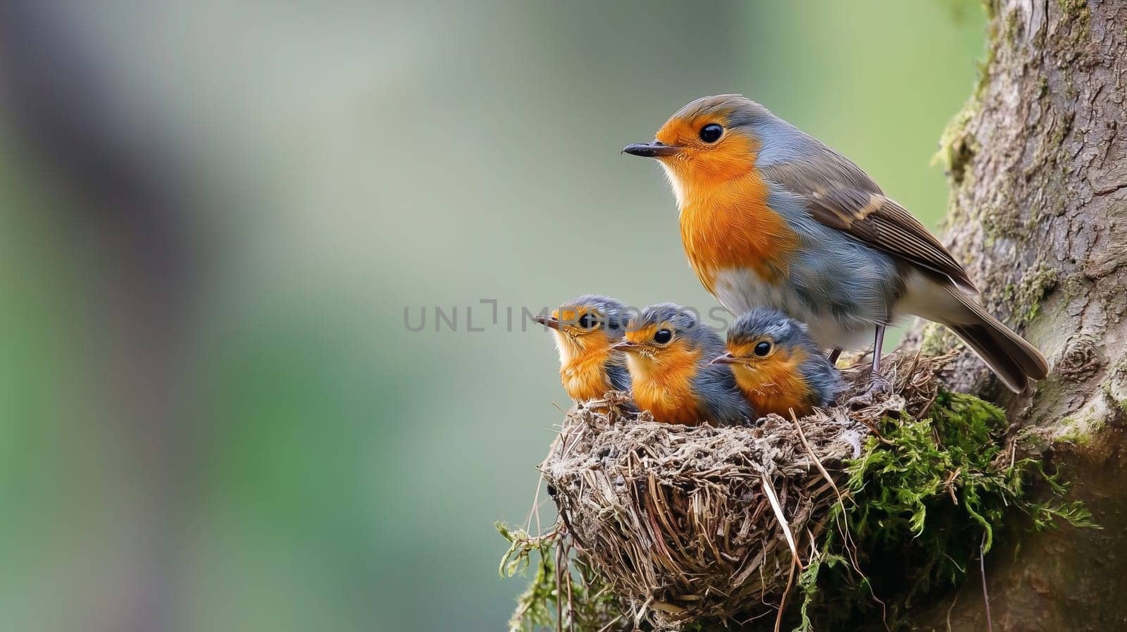 Mother robin bird watches over her chicks in a nest, waiting to feed them