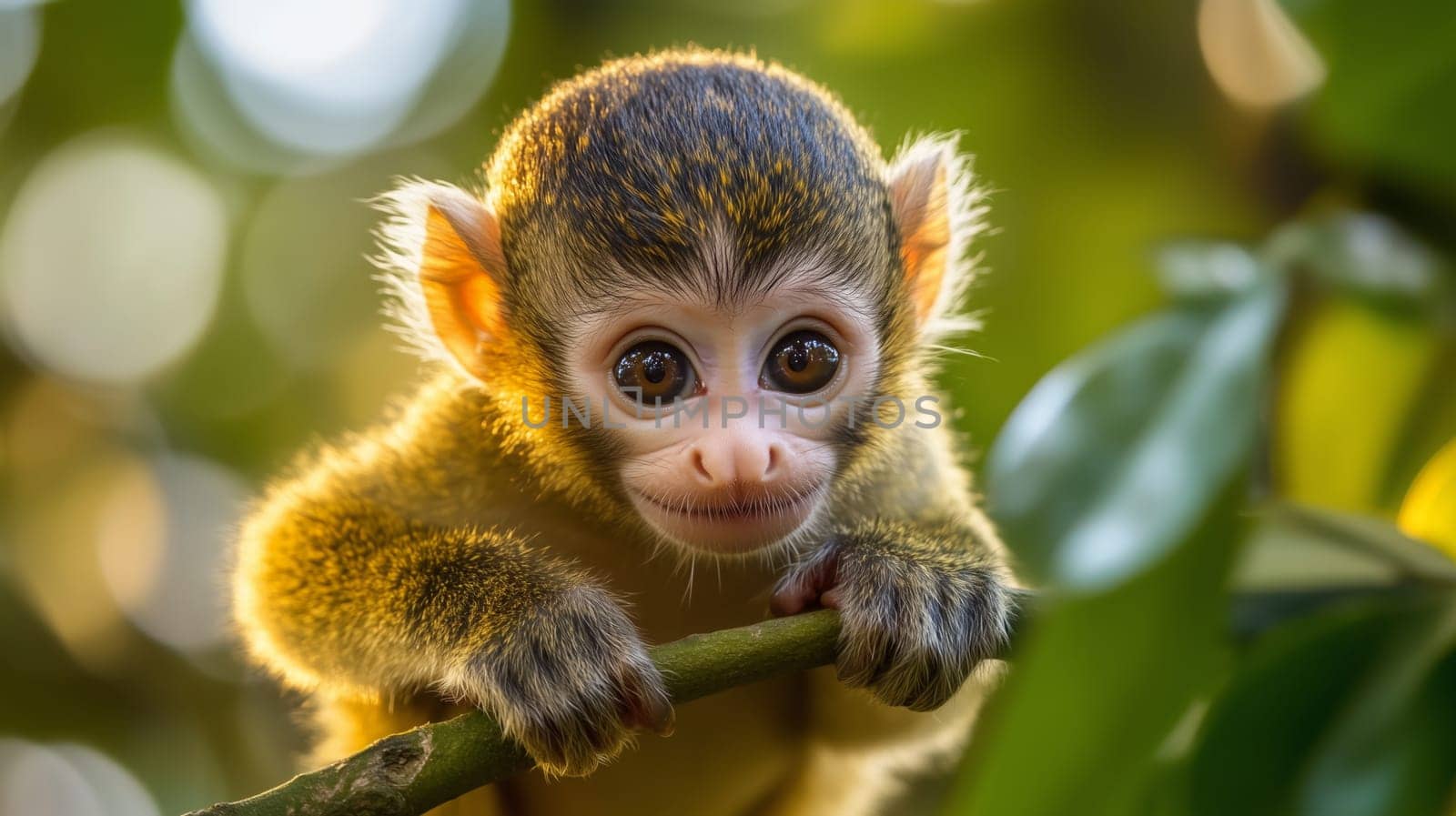 A tiny playful adorable baby monkey clings to a tree branch, gazing with wide, curious eyes