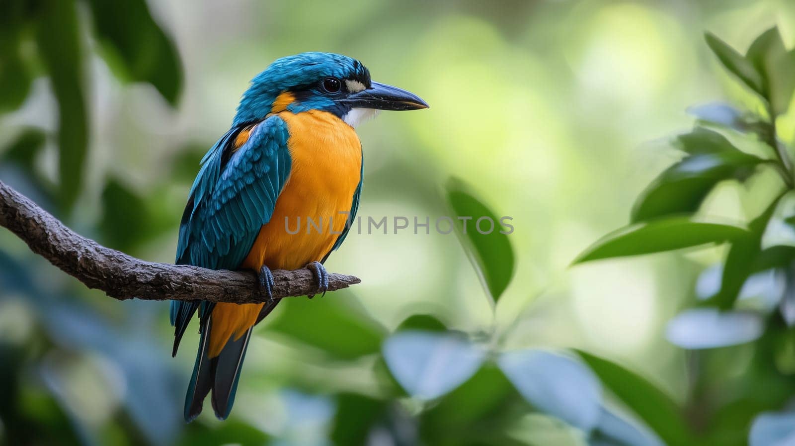 Colorful Kingfisher bird with bright blue and orange plumage, sharp beak perches on a tree branch, green leaves background