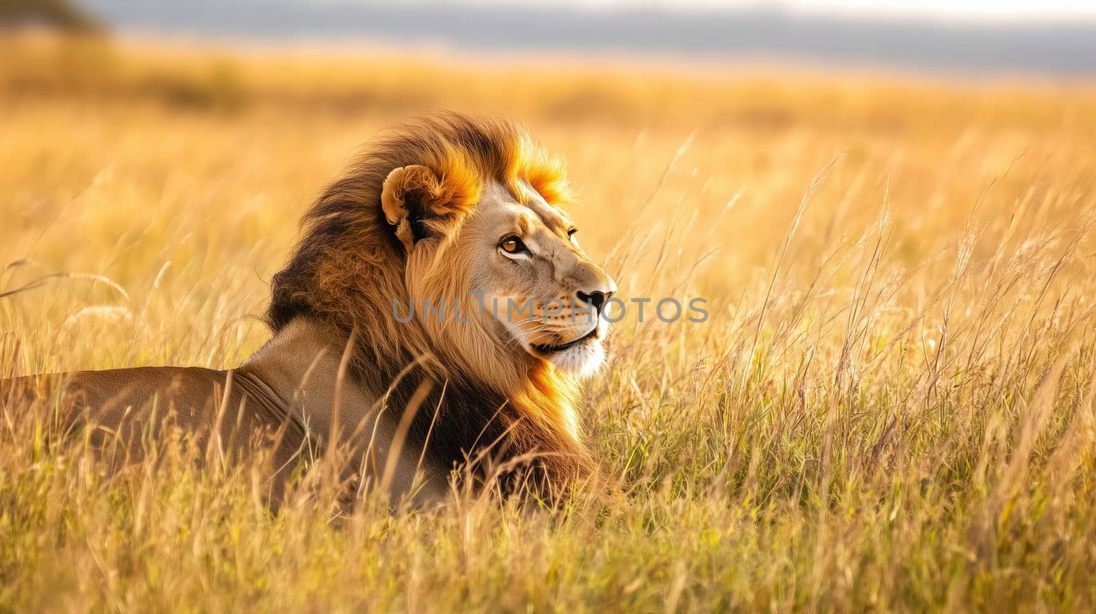 Male lion with a full mane lies peacefully in the tall grass of the African savanna. The warm sunlight illuminates its fur, creating a sense of tranquility and power