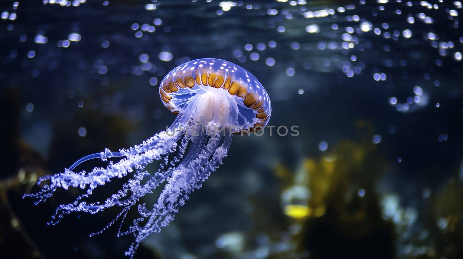 Jellyfish with long flowing tentacles illuminated against dark water background, translucent body and bioluminescent qualities