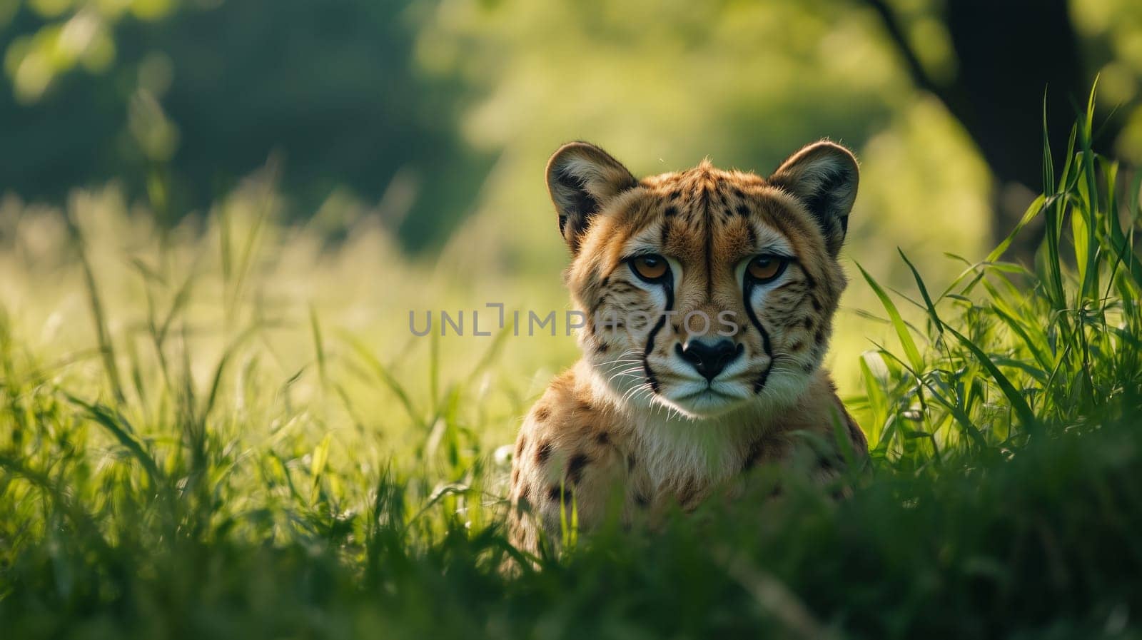 A young cheetah cub rests in tall green grass. Its spotted coat blends in with the surroundings while observes its environment
