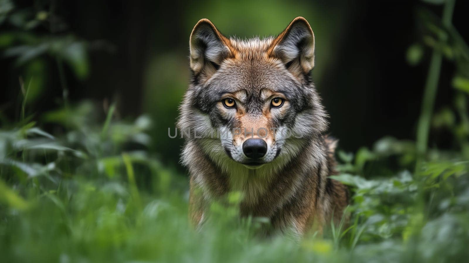 Eurasian wolf peers intently from the lush green undergrowth of a forest, its eyes focused and alert. The dense foliage provides camouflage for skilled predator