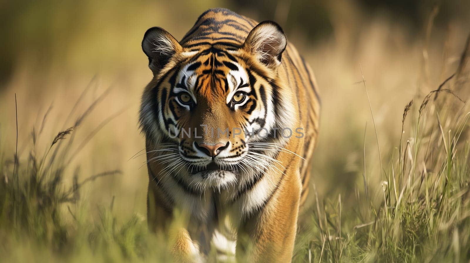 A tiger walks through tall, dry grass, on the hunt, its orange and black stripes camouflaging it against the golden background