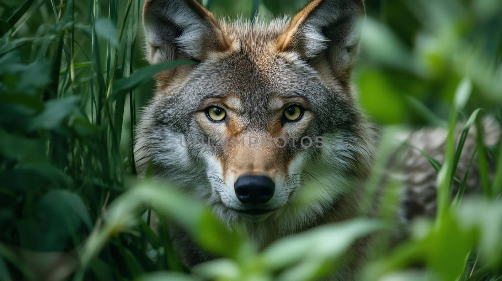 Eurasian wolf peers intently from the lush green undergrowth of a forest, its eyes focused and alert. The dense foliage provides camouflage for skilled predator