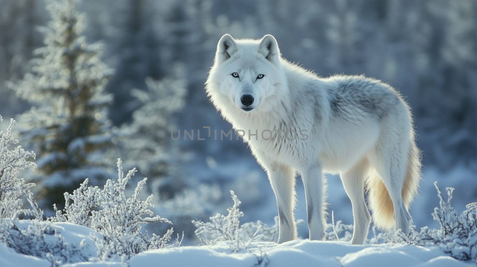 Arctic wolf in winter stands alert amidst a snowy landscape, white fur, snow-covered ground and frosted vegetation
