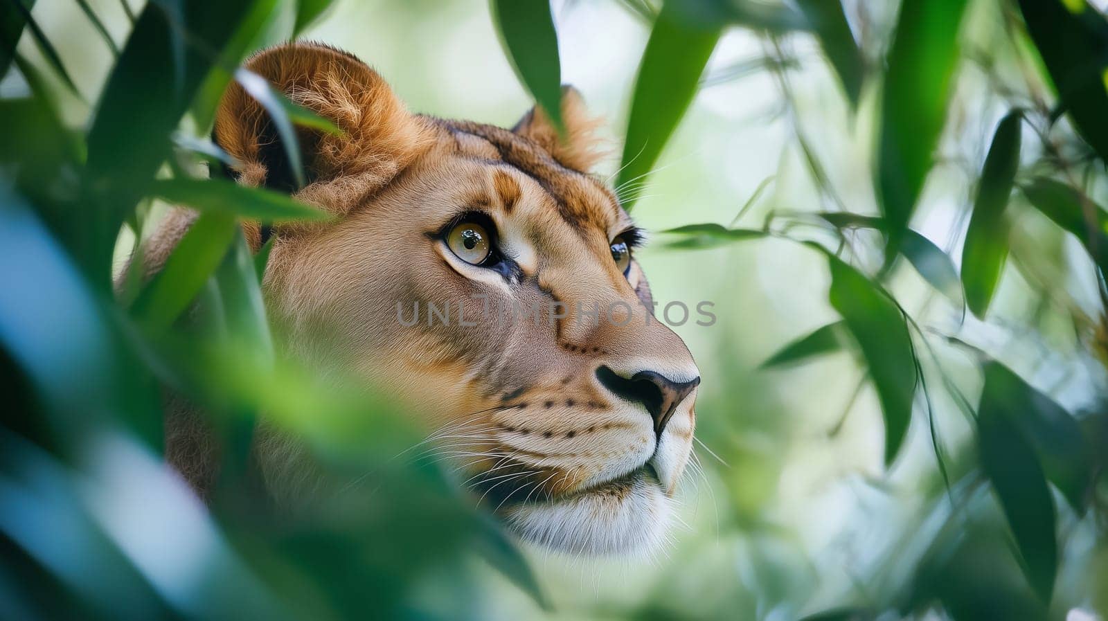 Female lion, a lioness, is hidden amongst green leaves. Looking away, watchful observation