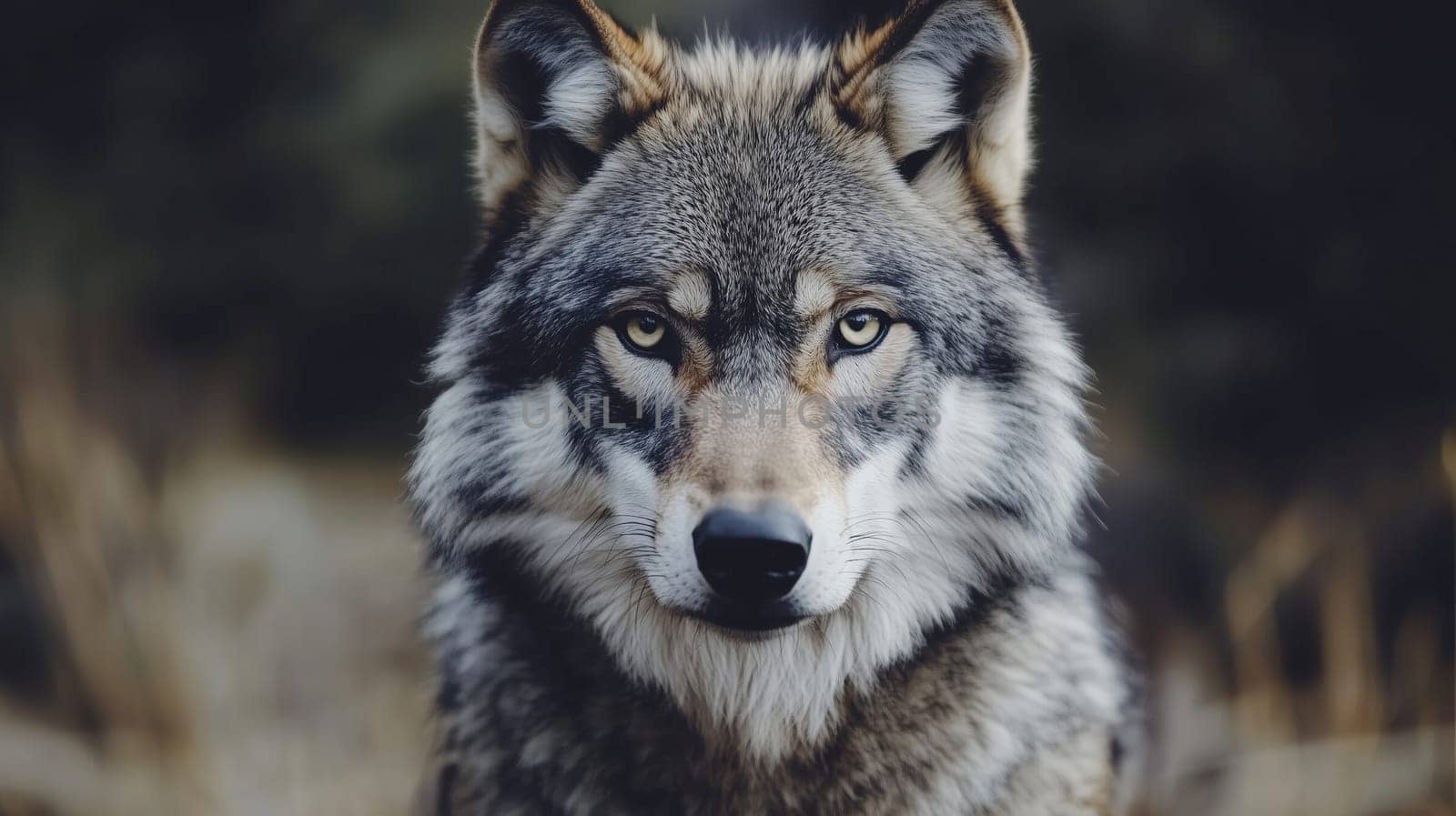Eurasian wolf peers intently standing in forest, its eyes focused and alert