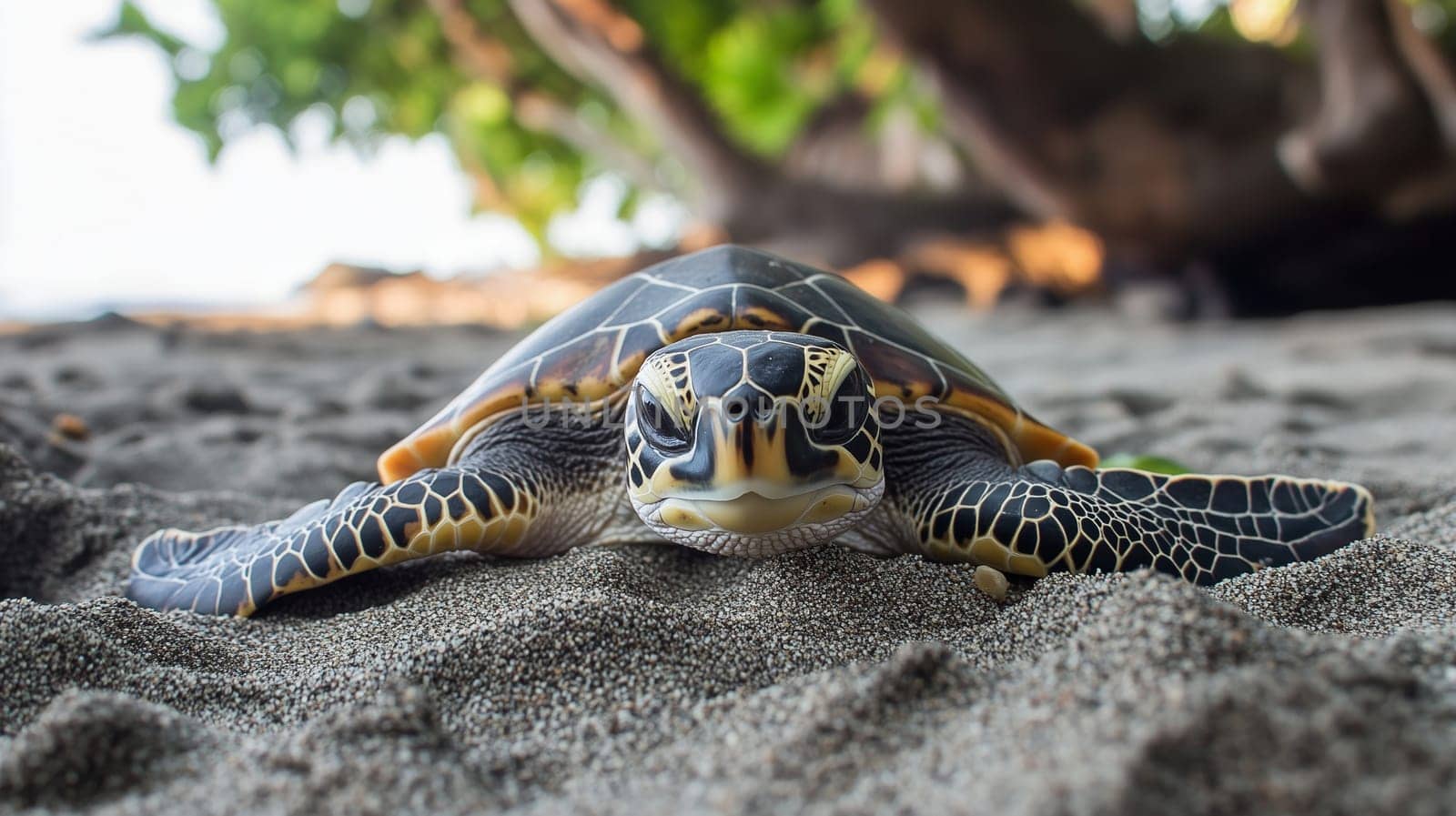 Close-up large sea turtle rests on the shore at tropical beach, animal photography