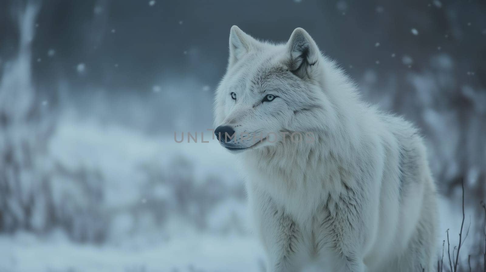 Arctic wolf in winter stands alert amidst a snowy landscape, white fur, snow-covered ground and frosted vegetation