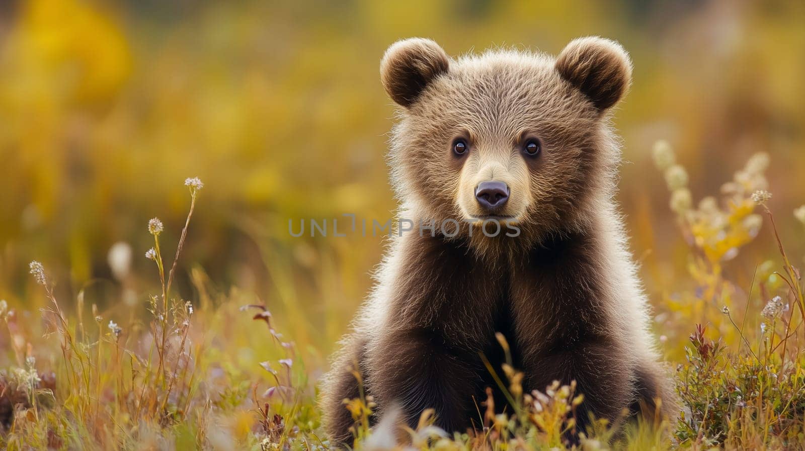 A young bear baby sits among tall grass, looking curious and playful in the wild
