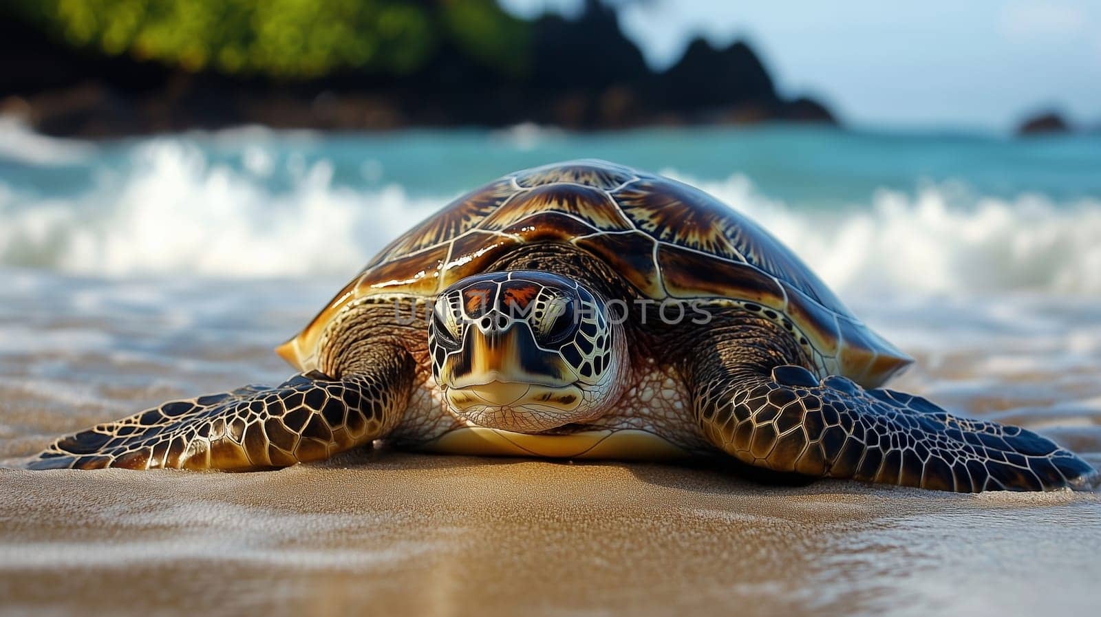 A strong sea turtle slowly makes its way from the waves onto the golden sandy beach