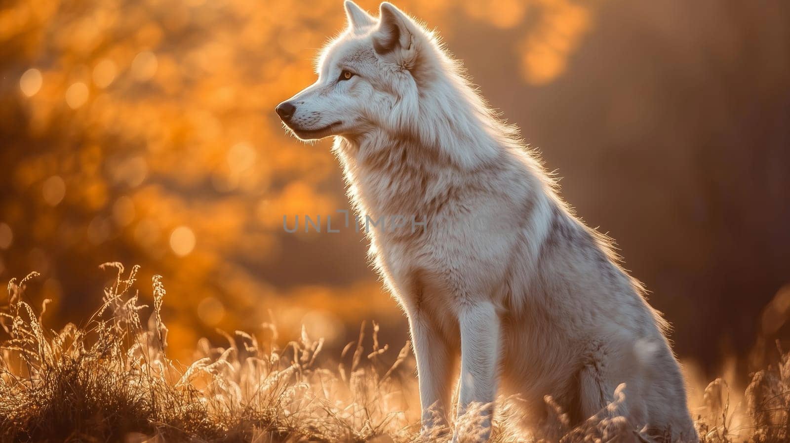 Majestic white wolf sits in a field, warm glow of the setting sun, wild animal photography