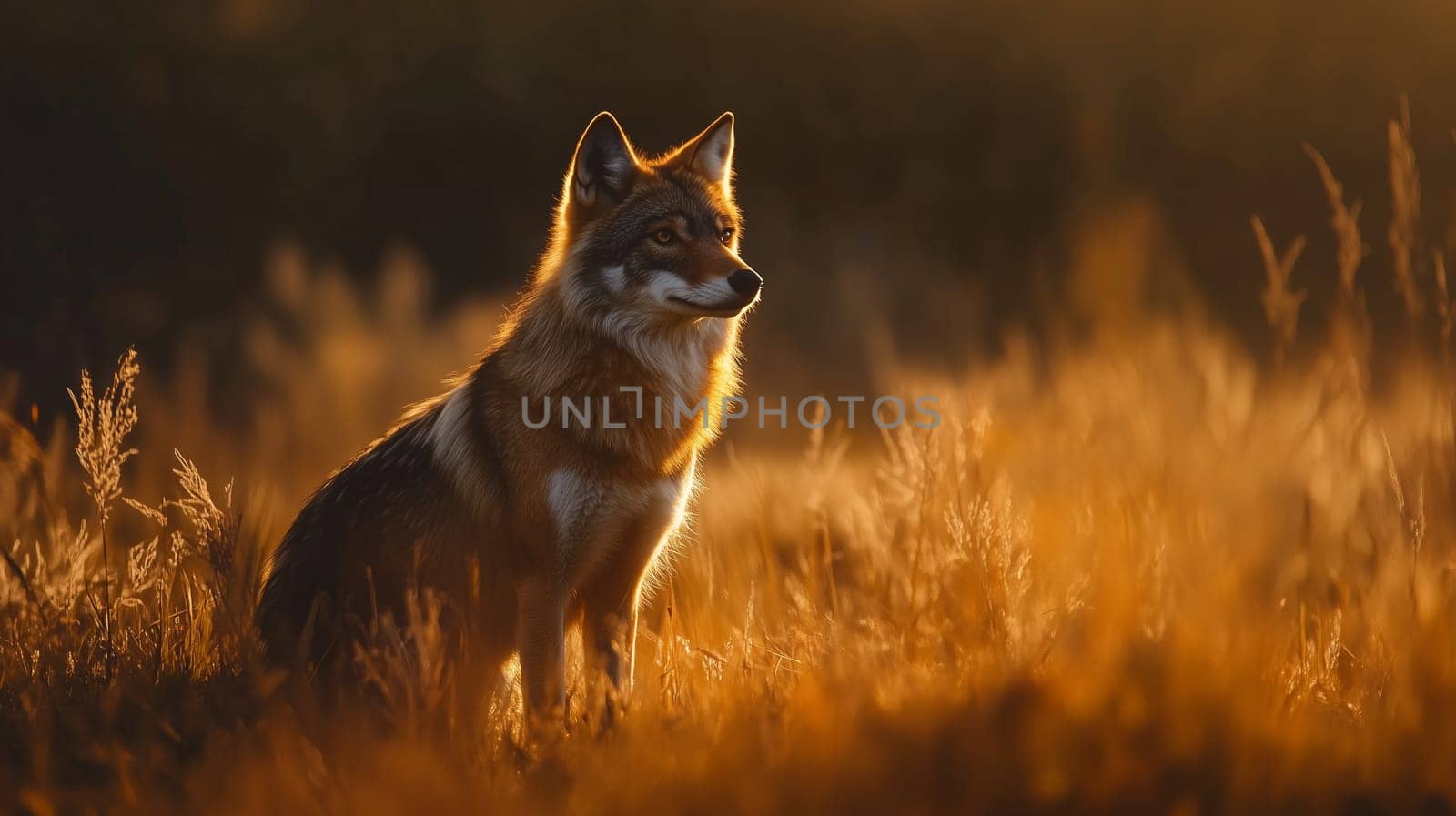 Majestic wolf sits in a field, warm glow of the setting sun, wild animal photography