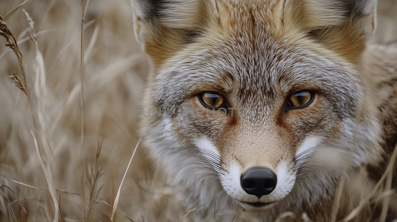 A fox with golden fur gazes forward, surrounded by soft dry grass