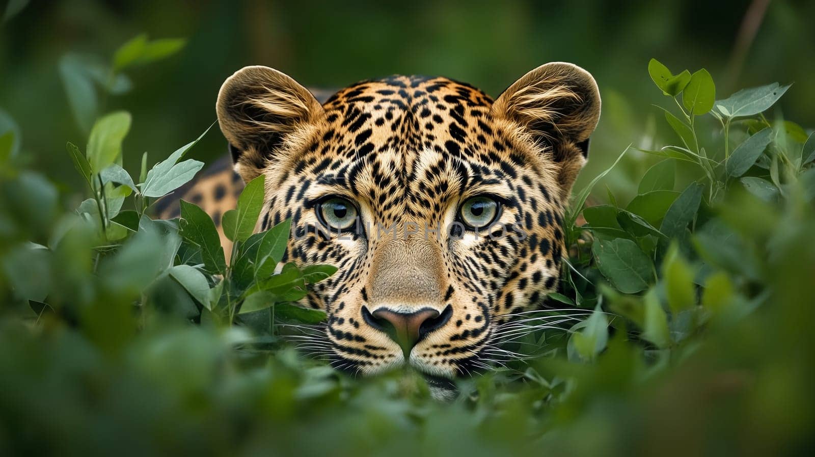 Close-up leopard is camouflaged in dense green foliage. Spotted coat and intense eyes, sense of mystery and wild danger