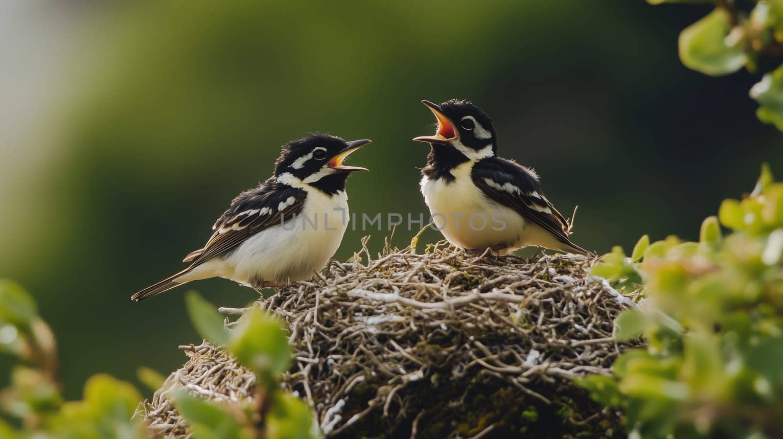 Two young birds sit in their nest, chirping and calling for food while surrounded by fresh green leaves