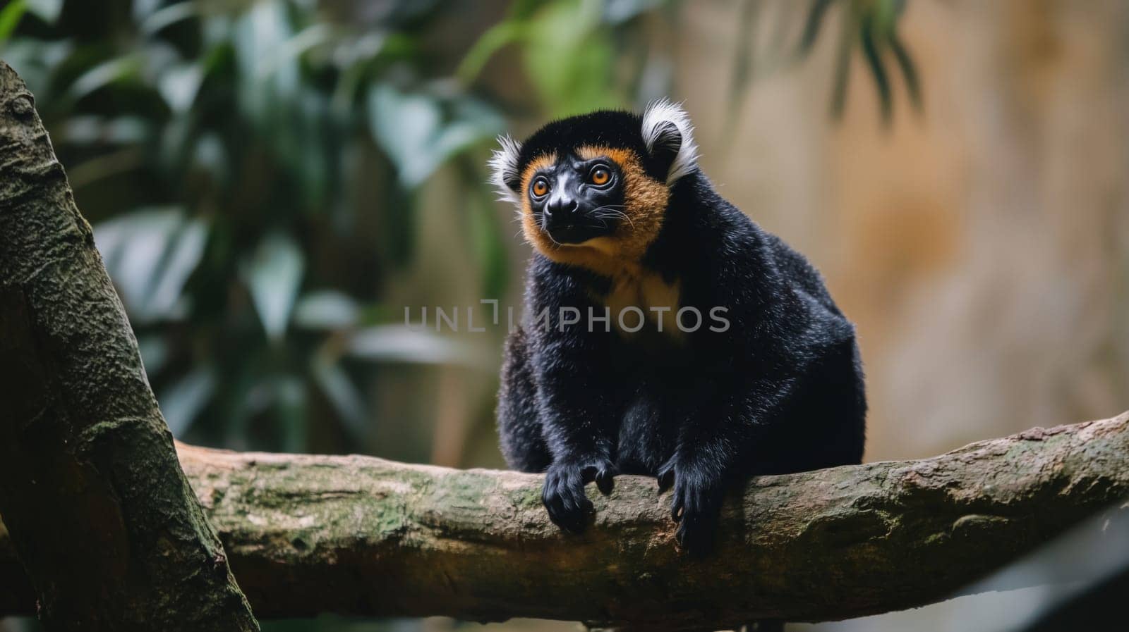 Black lemur sits on a tree branch in the jungle