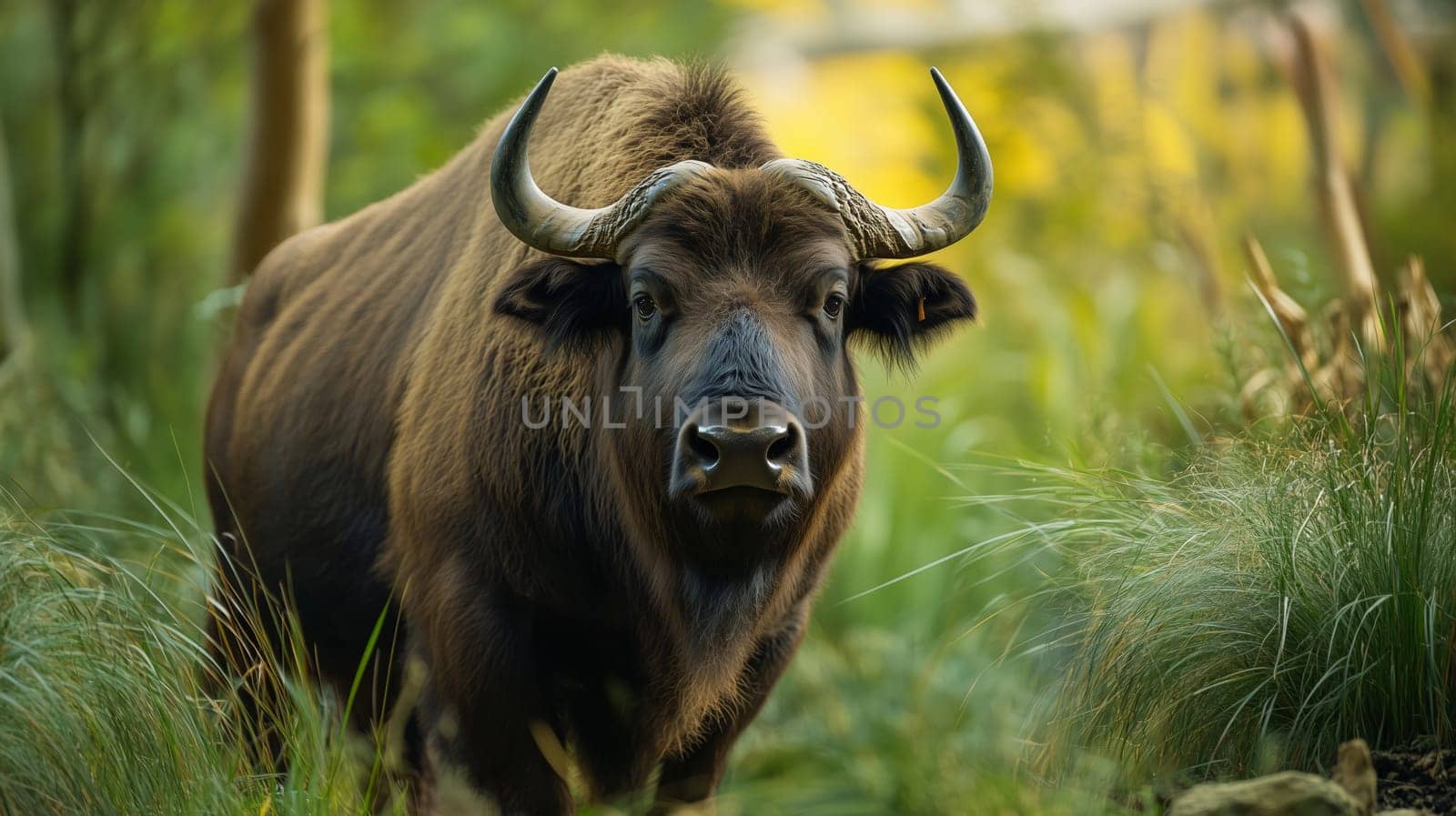 A strong buffalo with large curved horns gazes into the distance standing in forest
