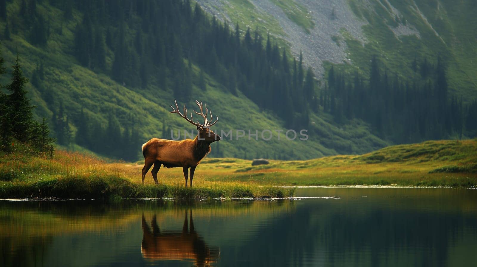 A deer stands near a reflective lake, surrounded by mountains and green forests, wild animal, nature landscape