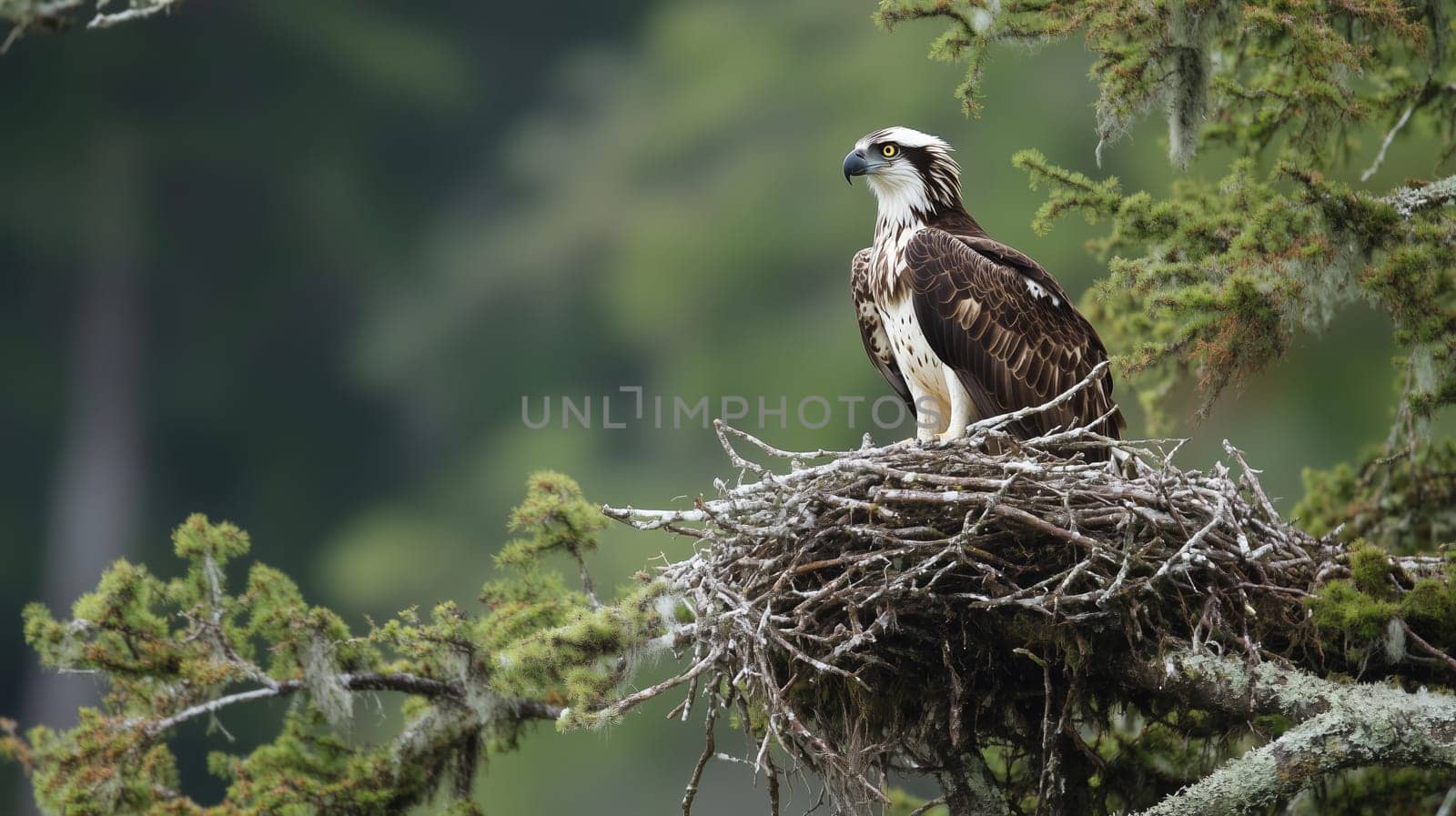Wild osprey bird sitting on its large stick nest high in a pine tree, nature background, animal photography