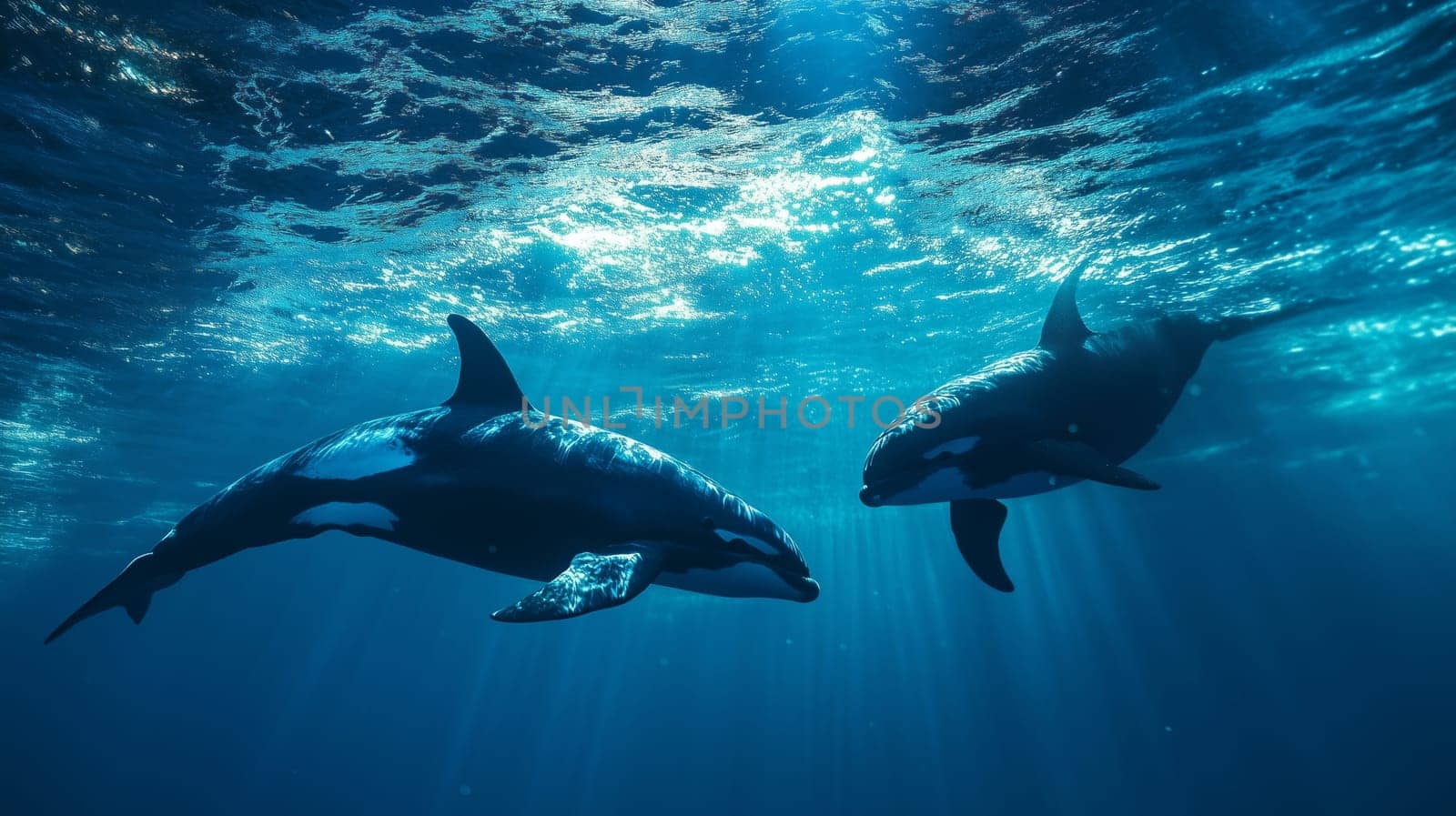 Two orcas, also known as killer whales, swim gracefully through the blue depths of the ocean