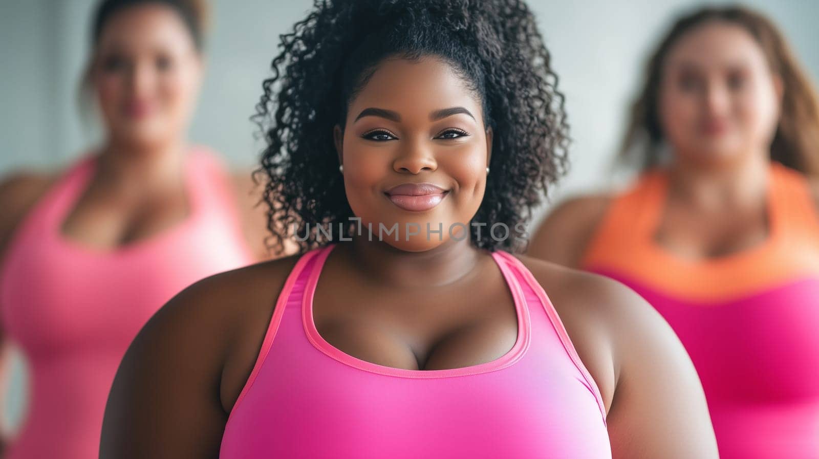 Portrait of happy smiling overweight fitness young woman in sportswear, training in the gym. Sport and body positivity, weight loss, body and health care