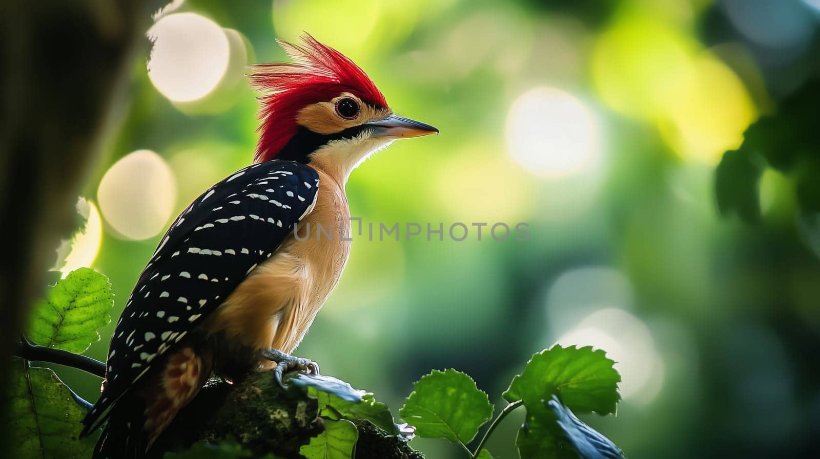 A vibrant cardinal woodpecker with its distinctive red crest perched on tree branch amongst green foliage, looking away in lush forest environment