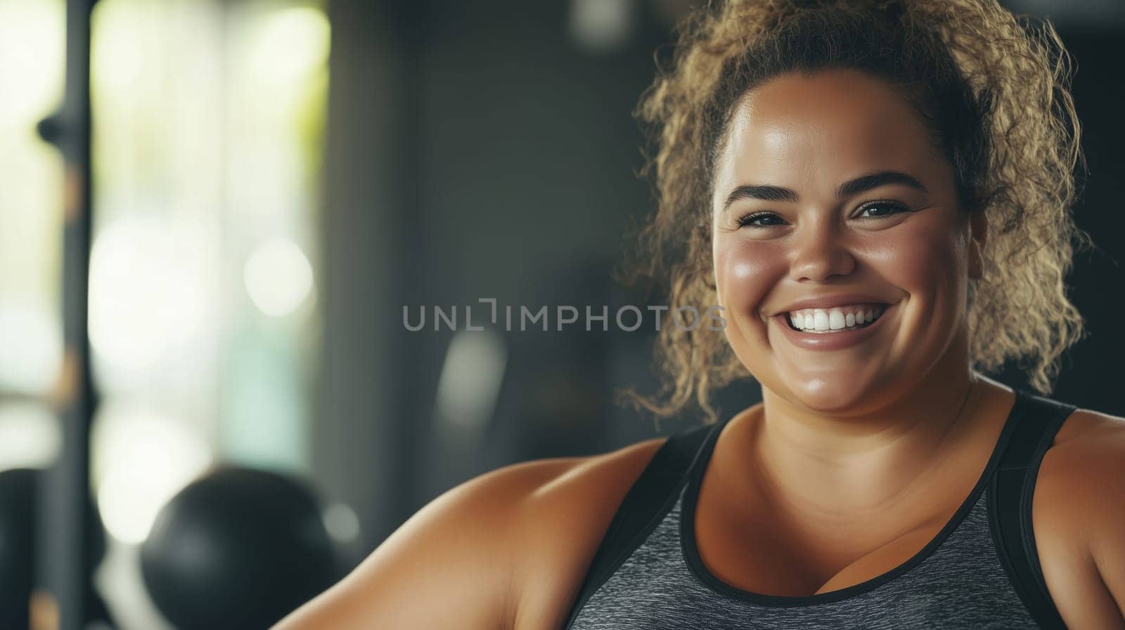 Portrait of happy smiling overweight fitness young woman in sportswear, training in the gym. Sport and body positivity, weight loss, body and health care