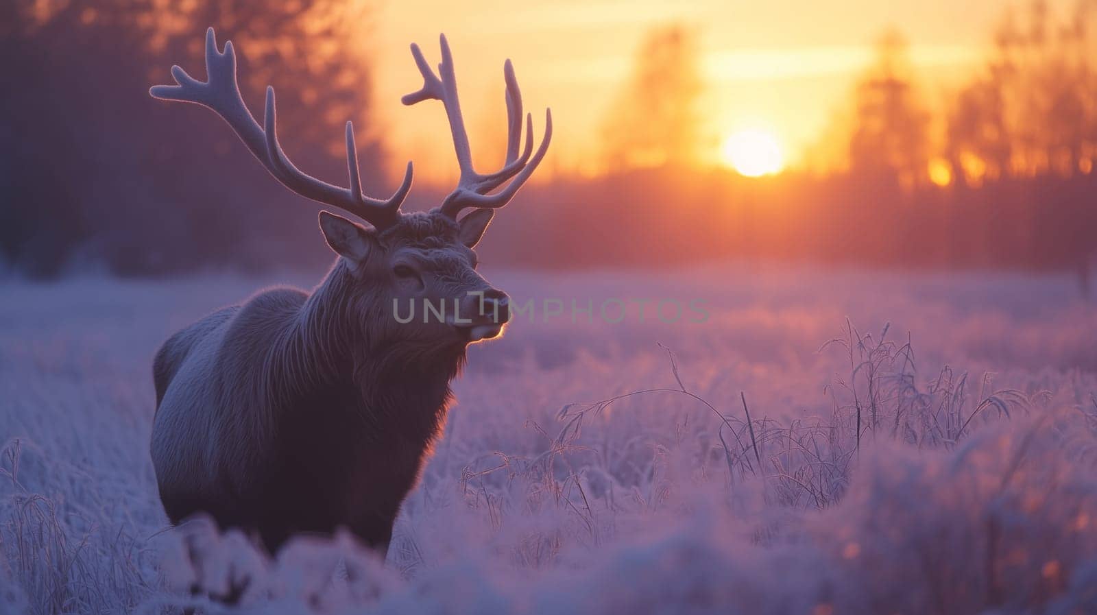 A deer with large antlers stands in winter, a frost-covered snowy field, the sun rises