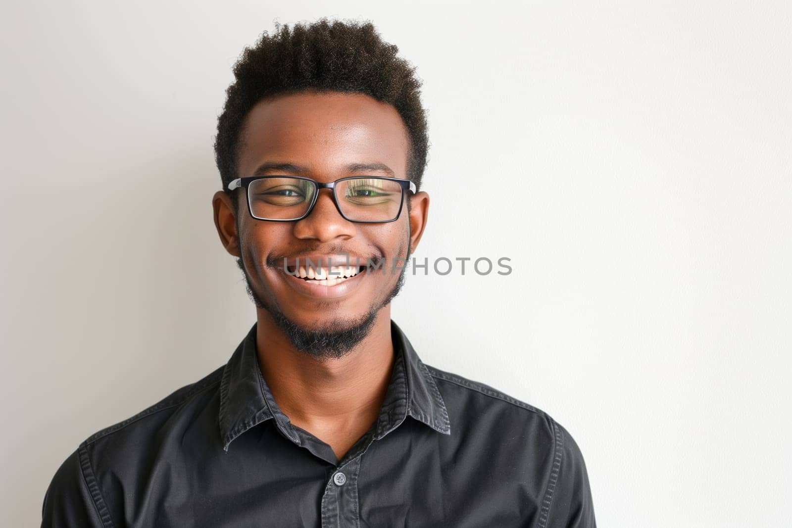 Portrait of happy modern young black American man with glasses smiles on white background, African male student looking at camera, studio shot