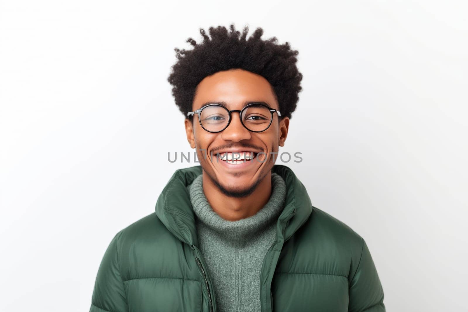 Portrait of happy modern young black American man with glasses smiles on white background, African male student looking at camera, studio shot