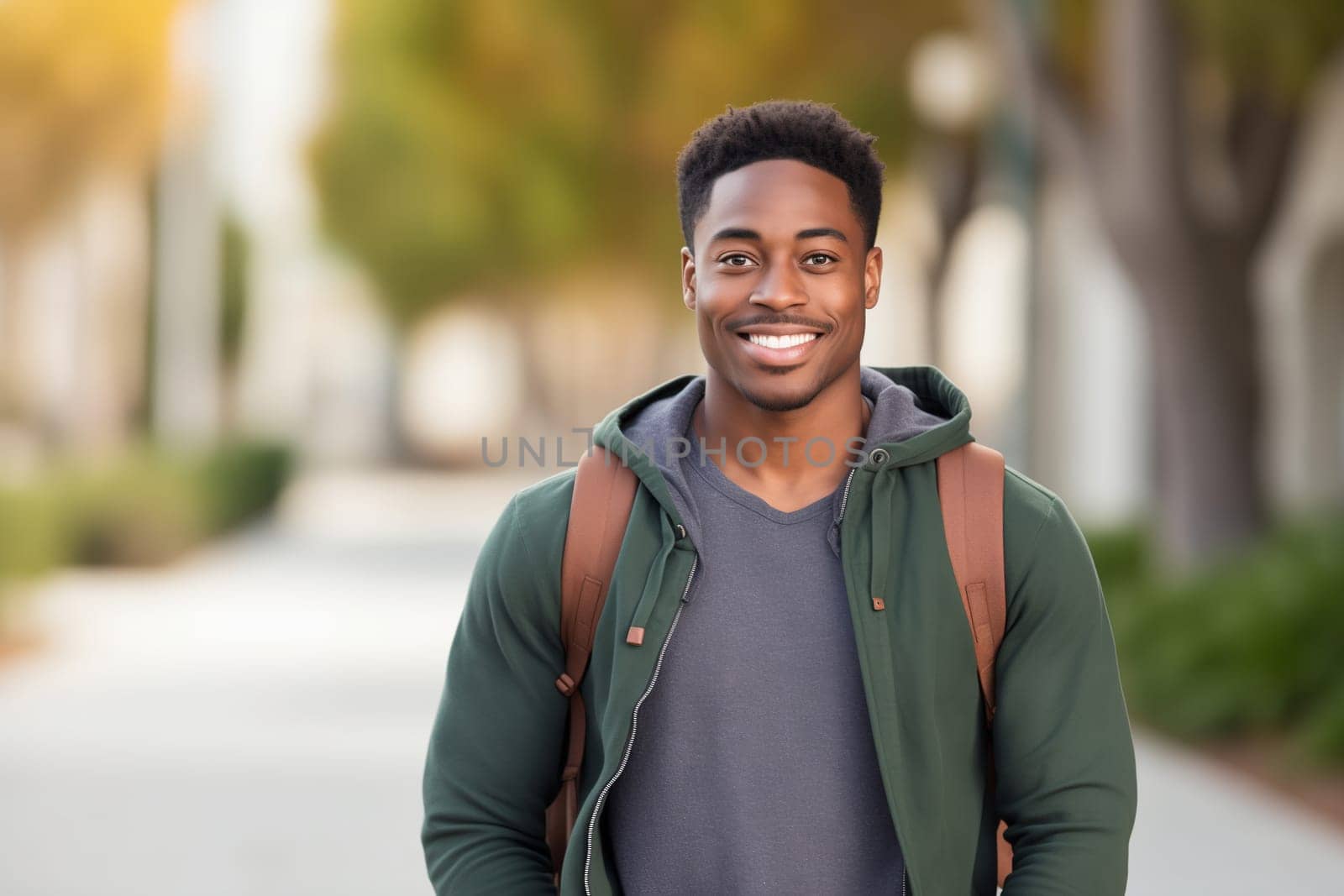 Portrait of happy modern young black American man smiling outdoors, African male student with backpack standing in the park