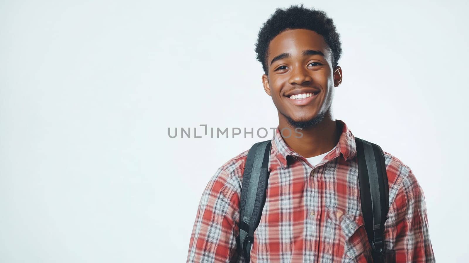 Portrait of happy modern young black American man smiling on white background, African male student with backpack standing, studio shot