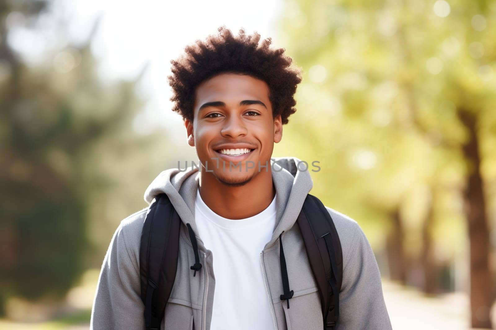 Portrait of happy modern young black American man smiling outdoors, African male student with backpack standing in the park