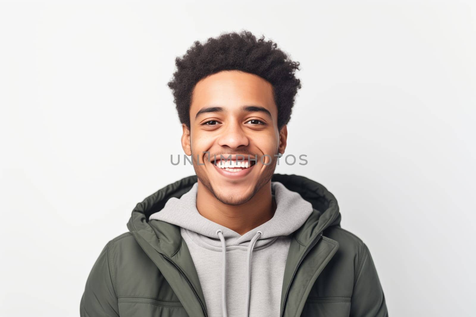 Portrait of happy modern young black American man smiles isolated on white background, African male student looking at camera, studio shot