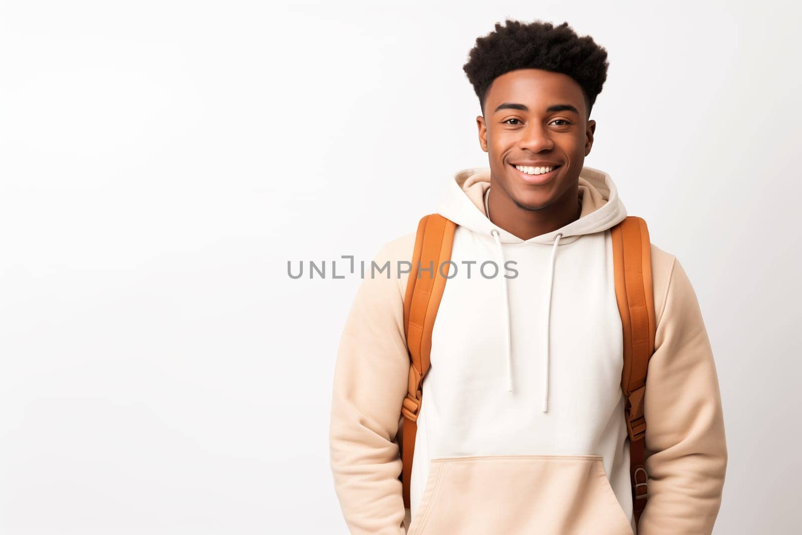 Portrait of happy modern young black American man smiling on white background, African male student with backpack looking at camera, studio shot