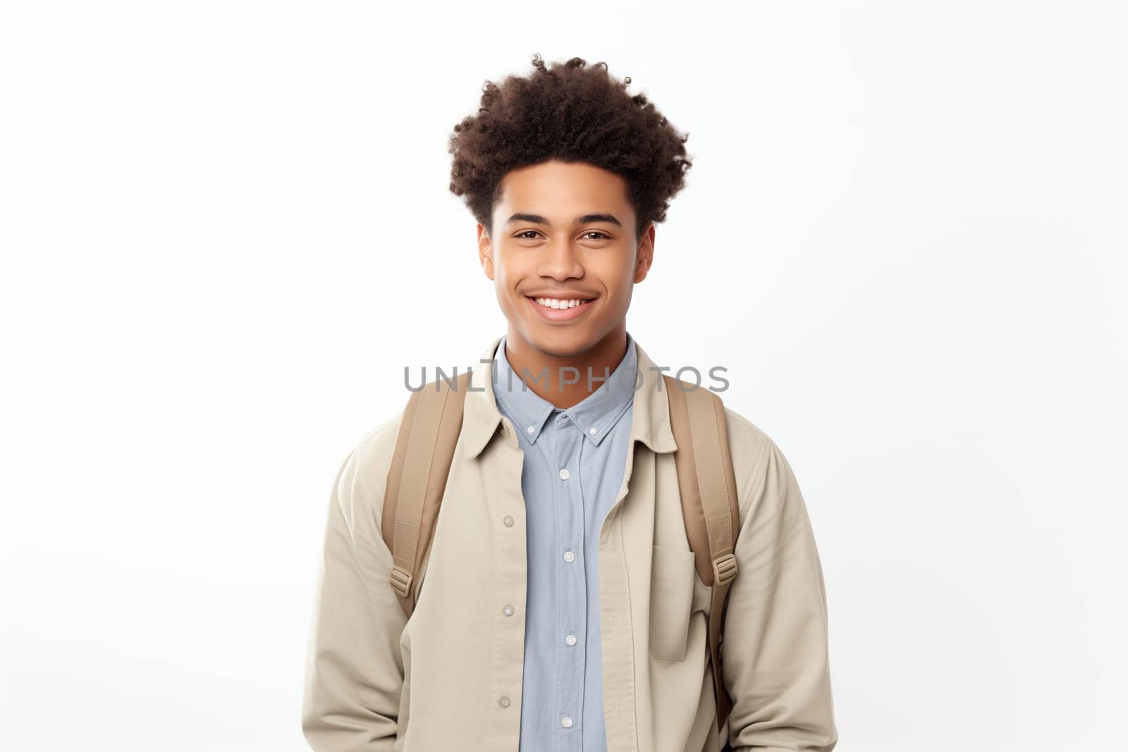 Portrait of happy modern young black American man smiling on white background, African male student with backpack looking at camera, studio shot