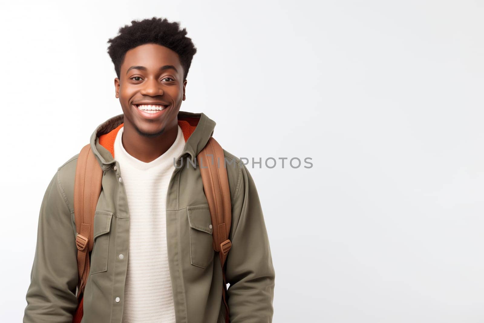 Portrait of happy modern young black American man smiling on white background, African male student with backpack looking at camera, studio shot