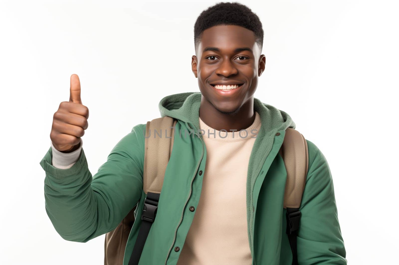 Portrait of happy modern young black American man smiling and gives a thumbs up on white background, African male student with backpack standing, studio shot
