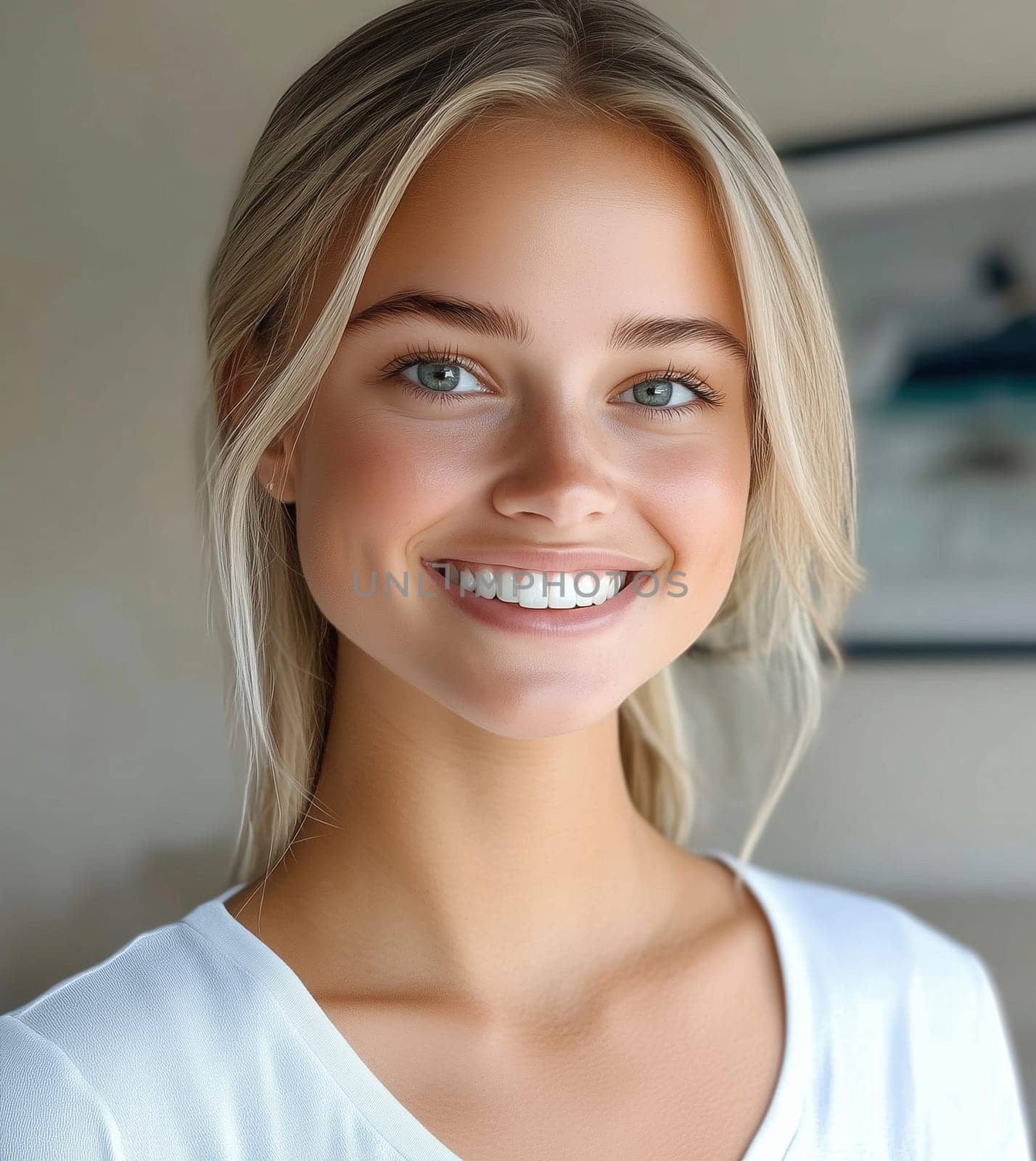 Close-up portrait of beautiful happy young woman with toothy joyful smile, blonde hair, clean natural skin, looking at camera, standing at home