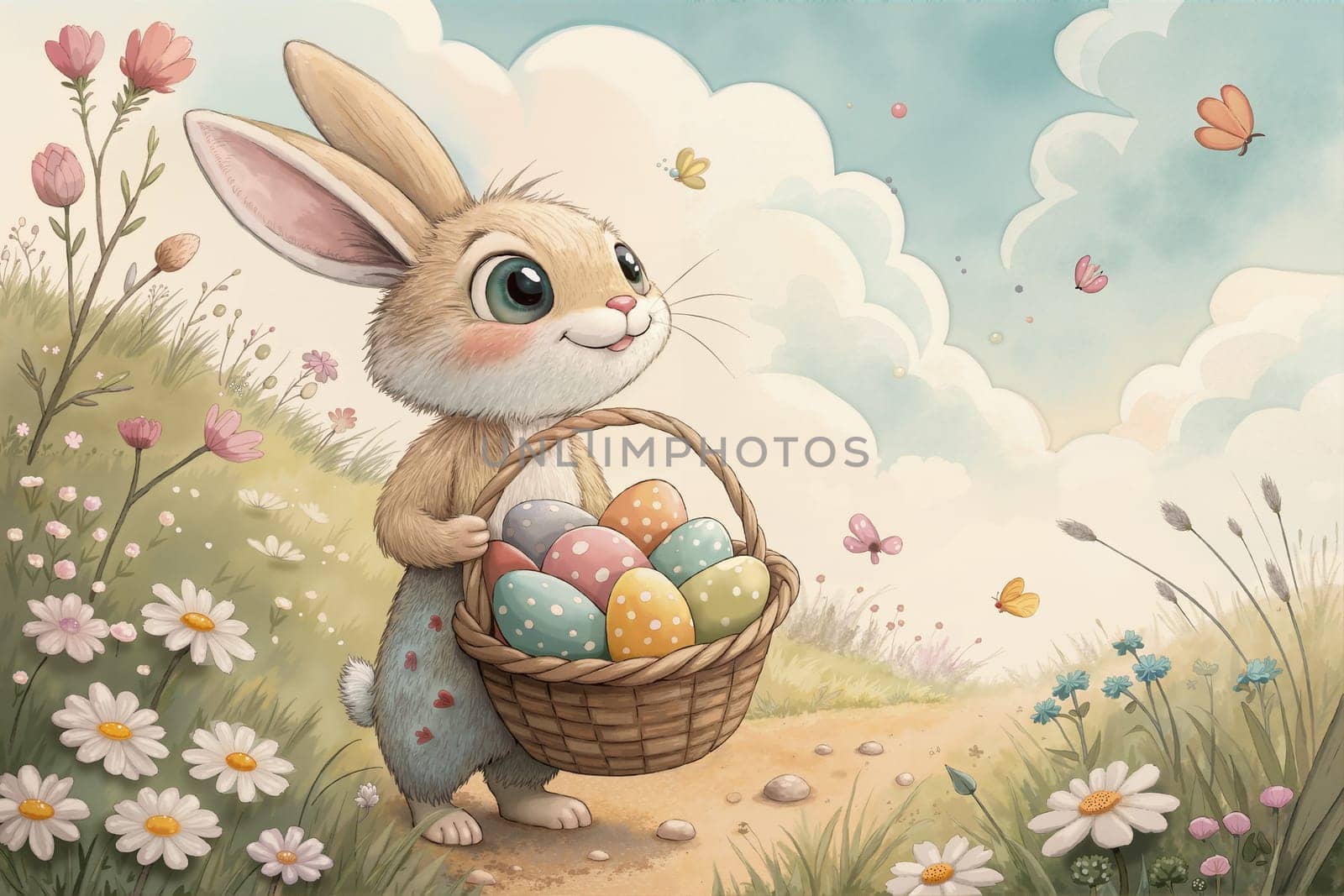 A cheerful rabbit strolls through a vibrant meadow filled with flowers, joyfully holding a basket of decorated eggs, surrounded by butterflies. Generative AI.