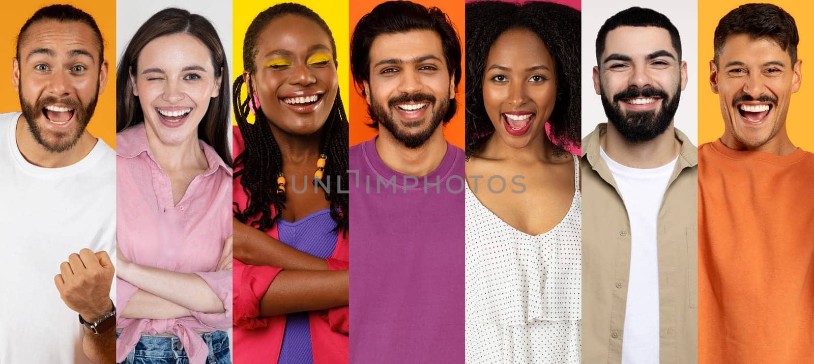 A lively collage showcases a group of cheerful, multiracial individuals expressing happiness. Each person is dressed in vibrant colors, reflecting a positive lifestyle and diverse backgrounds.